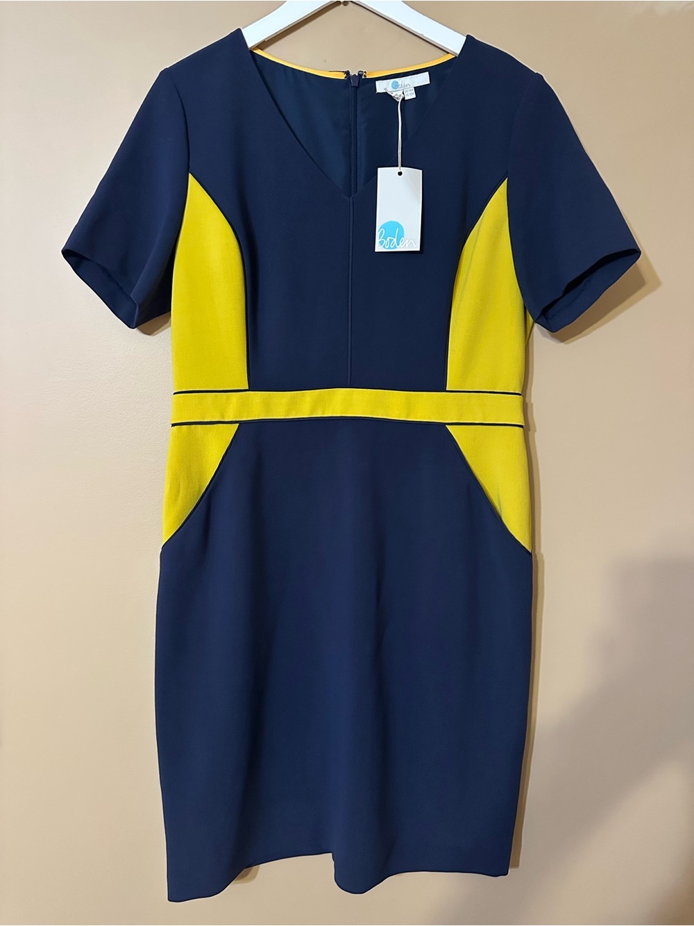 Boden Color-Block V-Neck Sheath Dress - Navy & Yellow